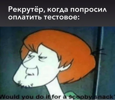 Scooby-Doo meme with Russian text about recruiter asking for paid testing