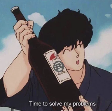 Cartoon character holding a bottle of alcohol with a humorous expression