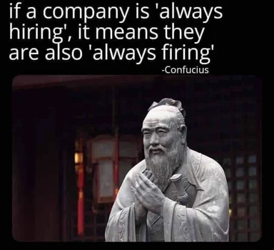 Confucius statue with quote about company hiring and firing