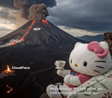 Hello Kitty sitting calmly with a cup of tea while volcanoes representing GCP and CloudFlare erupt in the background