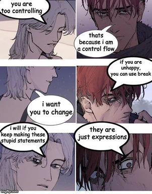 manga-style comic strip of a man and woman talking about control flow