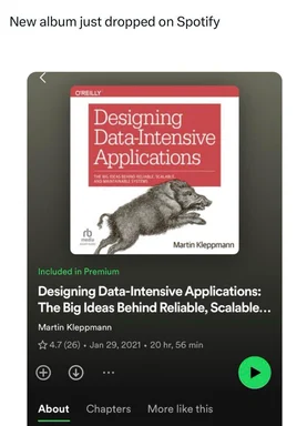 Spotify album screenshot with book cover of 'Designing Data-Intensive Applications' by Martin Kleppmann