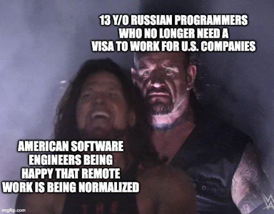 meme image of two men looking shocked with text about russian programmers and american software engineers