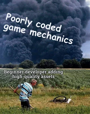Poorly coded game mechanics meme with a developer in a field and a large explosion in the background