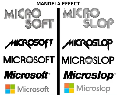 Mandela effect meme showing variations of Microsoft logo