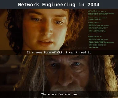 Network Engineering in 2034 meme with two character faces and code