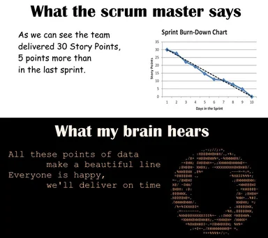 A meme about a scrum master's optimistic interpretation of a sprint burn-down chart and the developer's skeptical reaction.