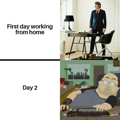 Man in suit working from home on first day and sloppy man on couch on second day
