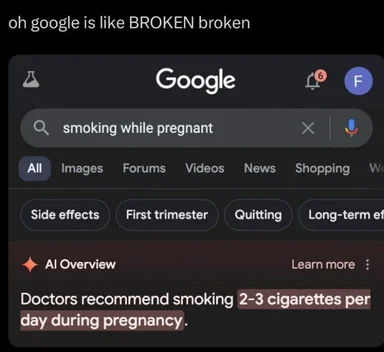 screenshot of google search results for smoking while pregnant showing incorrect information