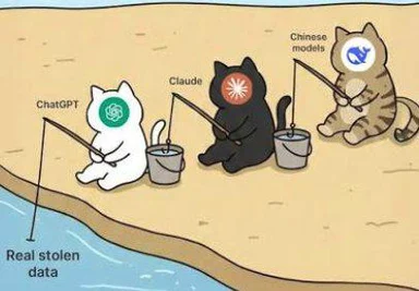 Cartoon of three cats representing ChatGPT, Claude, and Chinese models fishing in a lake labeled Real stolen data