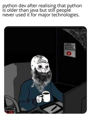 Cartoon developer with a mug looking stressed at a computer with a 'days without suicidal thoughts' sign on the wall