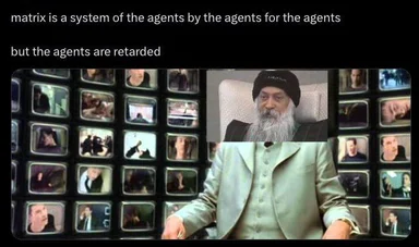 Meme featuring Agent Smith from The Matrix surrounded by monitors, with text about the agents.