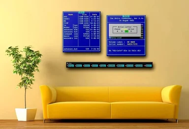 Vintage MS-DOS interface wall decals above a yellow sofa