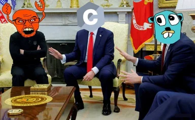 Meme showing Elon Musk with a crab head, Donald Trump with a Claude logo head, and a blue cartoon character in a formal room.
