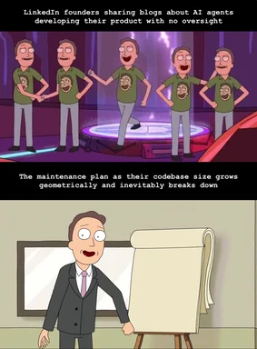Rick and Morty characters in green shirts laughing on a circular platform and a man in a suit presenting on a whiteboard