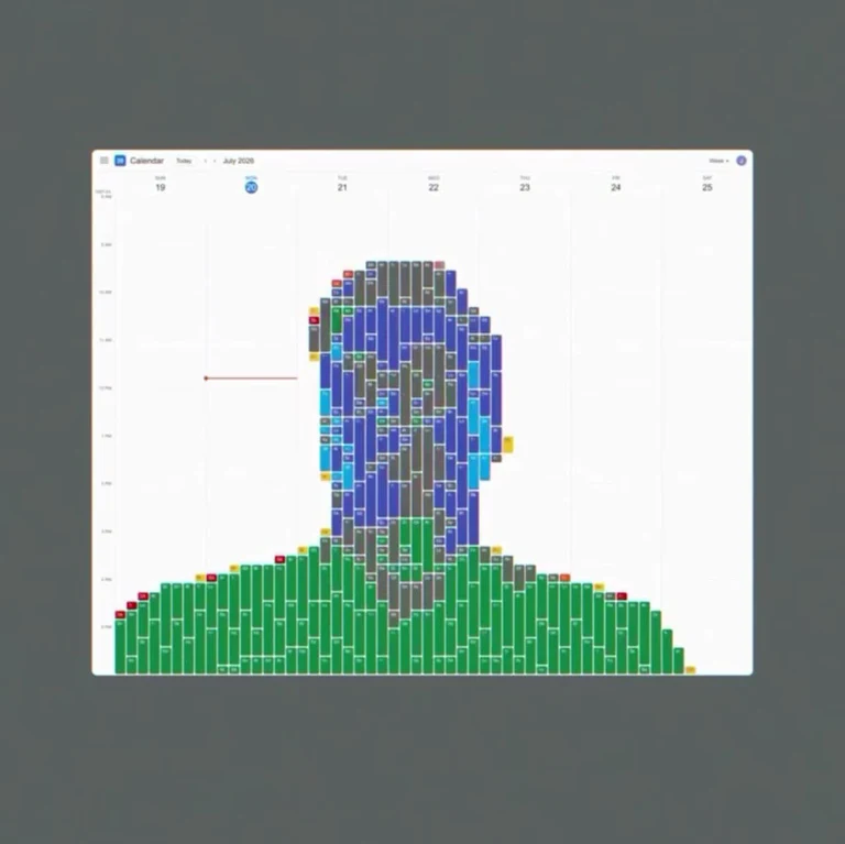 A calendar interface showing a schedule of meetings arranged to form the silhouette of a human figure.