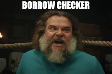 angry developer with long hair and beard in a teal shirt with text 'BORROW CHECKER'