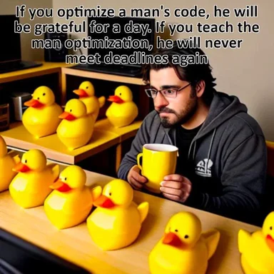 man sitting at desk with multiple rubber ducks and a cup, with text about code optimization