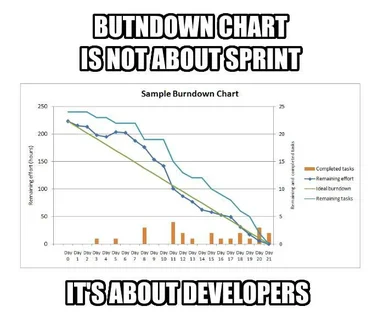 Burndown chart meme with a graph and the text 'BUTNDOWN CHART IS NOT ABOUT SPRINT IT'S ABOUT DEVELOPERS'