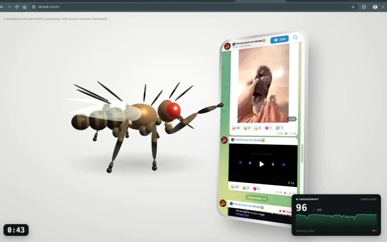 3D-rendered fly scrolling a smartphone social media feed with a simulated engagement meter reading 96/100