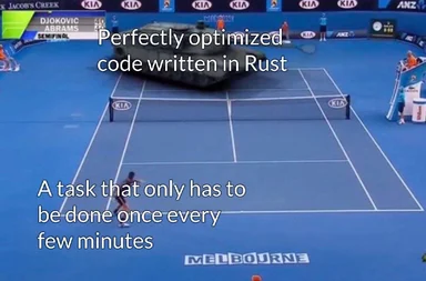 a tennis court with a tank on it and a player hitting a ball, with text about optimized code in Rust