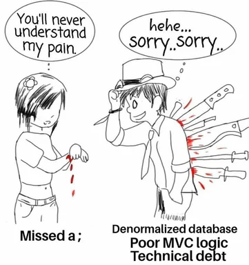 cartoon of a woman with a bleeding arm and a man with knives stabbing his back, relating coding pain