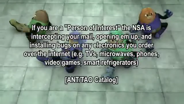 Low-poly 3D cartoon characters on a tiled floor overlaid with text explaining that if you are a 'Person of Interest' the NSA