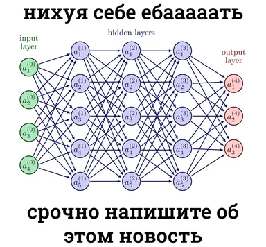 Neural network diagram with humorous russian caption