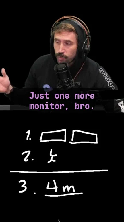 Man in black hoodie and headphones speaking into a microphone with a humorous caption about monitors