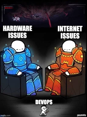 A meme featuring a tiny stick figure labeled DevOps standing in front of two giant armored figures labeled Hardware Issues and Internet Issues.