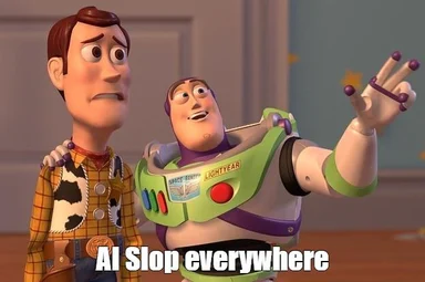 Buzz Lightyear pointing at AI Slop everywhere with Woody looking concerned