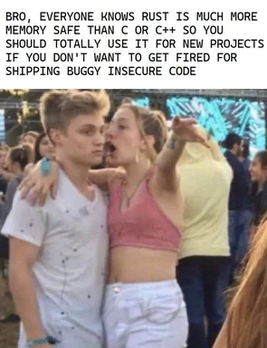 a woman pointing and a man looking to the side with a text about rust programming language