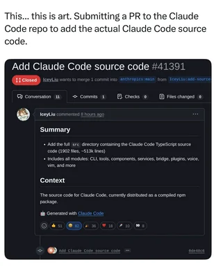 humorous github pull request to add claude code source code