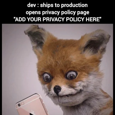 surprised foxy with iphone, dev ships to production, opens privacy policy page, ADD YOUR PRIVACY POLICY HERE