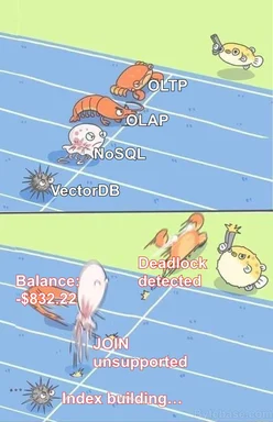 Two-panel cartoon comic where sea creatures labeled OLTP, OLAP, NoSQL and VectorDB get into a chaotic fight, with captions