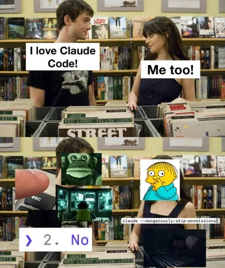 humorous meme about Claude Code with a couple in a record store