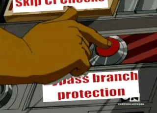 Hand turning a knob labeled 'skip ci checks' on a control panel with another label 'mass branch protection'