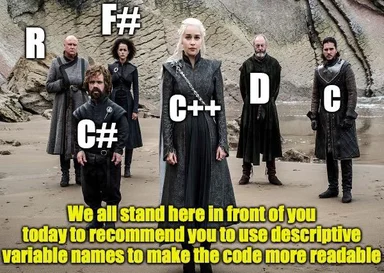 Game of Thrones characters labeled with programming languages, recommending descriptive variable names