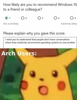 Pikachu looking shocked with text about recommending Windows 10