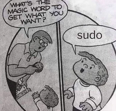 Cartoon of a kid saying 'sudo' as the magic word