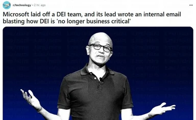 Satirical image of Satya Nadella with hands raised in response to Microsoft layoffs