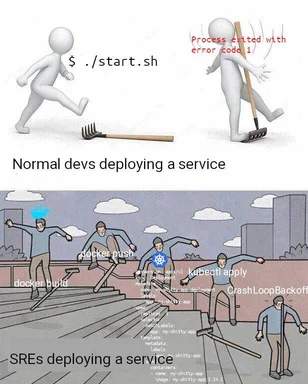 Two-panel meme contrasting a simple stick figure running ./start.sh and tripping over a rake with a cartoon of SREs falling