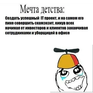Sad cartoon character with a helicopter on its head and russian text about IT project scam