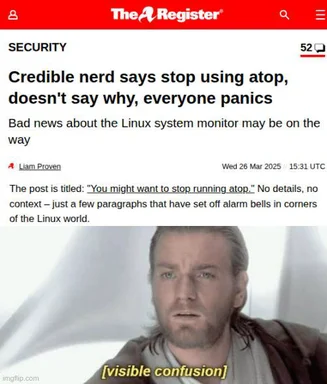 Mace Windu looking confused with text 'visible confusion' about Linux system monitor atop