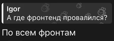 Igor asks where frontend failed, response says it's failing on all fronts