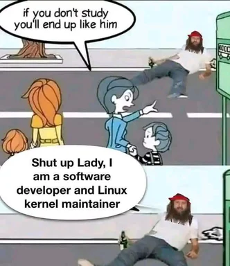 Meme of a man dressed like Linus Torvalds falling on the street with a kid and woman looking on