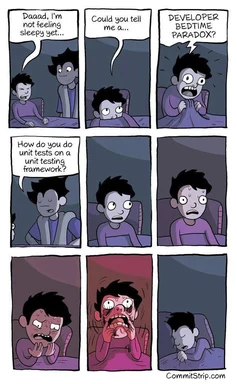 cartoon of a kid asking their dad about the developer bedtime paradox