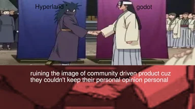 Naruto characters shaking hands labeled Hyperland and Godot with text about community driven product opinions