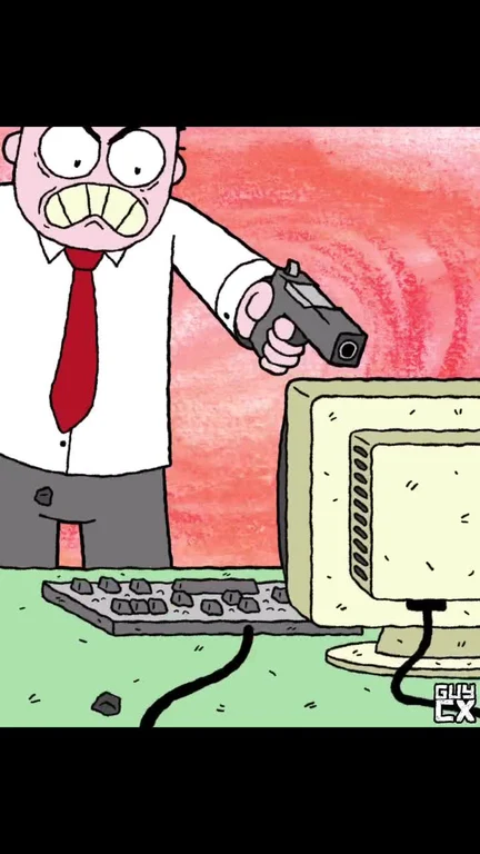 angry man pointing gun at computer