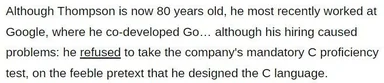 Thompson 80 years old Google Go C proficiency test